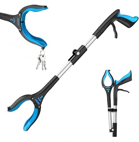 KEKOY Pince Telescopique Ramasse Objet 66 cm pour Seniors, Outil de Ramassage Pliable avec Mâchoire Antidérapante Rotative à 360°, Pince Ramasse Objet 4 avec Aimant (Bleu Ciel, 1 Pièce)