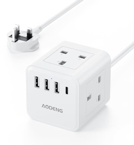 Extension Lead with 4 USB Slots, 4 Way ((13A/3250W) Adapter Multi Plug Extension Cable, UK Desktop Power Extension Cord with Multi Socket, 1.5M Extension Cable for Home Office Desk Dorm Travel White
