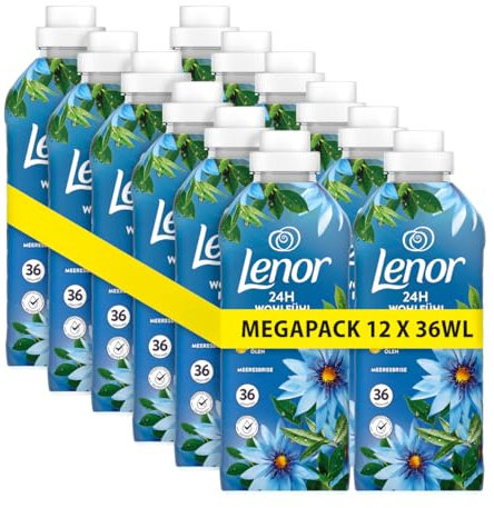 Lenor Weichspüler Megapack, 12 × 36 Waschladungen, Meeresbrise, 24h Wohlfühlfrische Mit Einer Note Ätherischer Öle