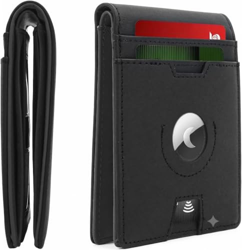 MOIRENTO Airtag Wallet Slim, Leather, Credit Card Holder RFID Blocking Thin Bifold Trifold Billfold, Air Tag, Front Pocket Wallet, for Men, Women, Black UK