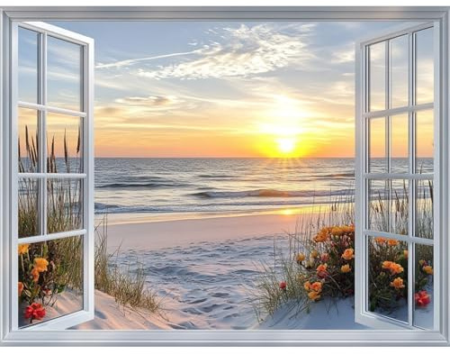 KEYIFA Fenster Malen Nach Zahlen Erwachsene, Strand Malen Nach Zahlen Kits mit Pinseln und Acrylfarben, DIY Ölgemälde Set Malen Basteln Leinwand Bild Erwachsene, Home Deko 40x30cm