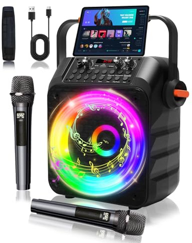 Omeyo Karaoke Machine with 2 Wireless Microphones - 60W Power 6.5subwoofer 2 Mics with 1200mAh Bechargeable Battery, Speaker with PA System, Supports TWS/FM/AUX/USB/TF/REC for Party, Birthday(Orange)