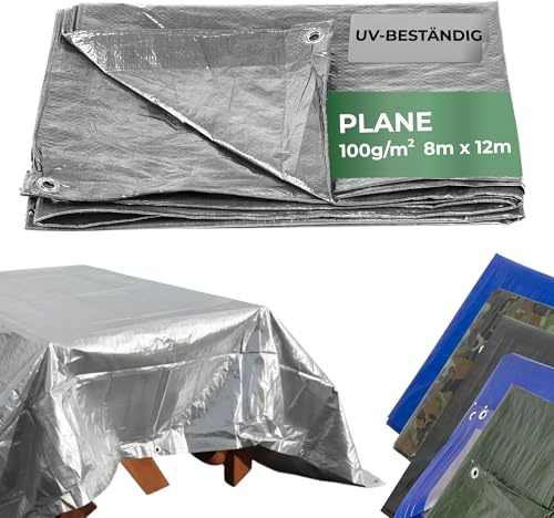 STREND PRO Abdeckplane 8x12 – Wasserdicht mit Ösen | Outdoor Gewebeplane Bauplane 100g/m² | Regenplane Silber 8x12m | UV-beständig | Holzplane für Gartenmöbel, Zelt, Camping | Abdeckung Plane