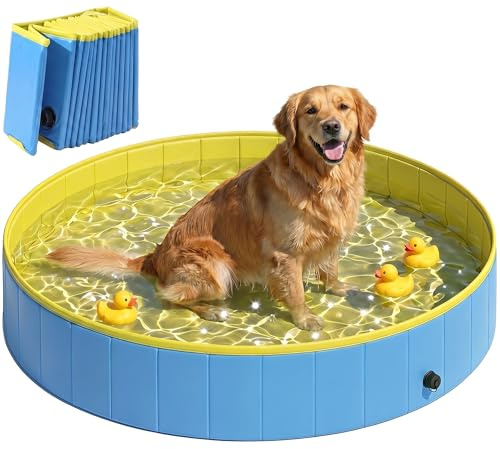PawHut Foldable Dog Pool for Puppies and Ducks, Thickened PVC Dog Paddling Pool Bath Tub Hard Board, Anti-Slip Bottom and Hose Adapter for Easy Drainage, 140 x 30cm, Blue and Yellow
