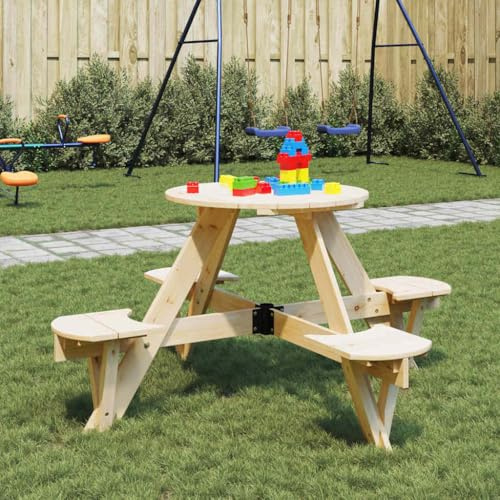 Zeehear Picknicktisch für 4 Kinder aus massivem Tannenholz rund mit Schirmloch, ideal für Garten Terrasse Balkon draußen, Stabiler Kindertisch mit Sitzgruppe für Outdoor Nutzung