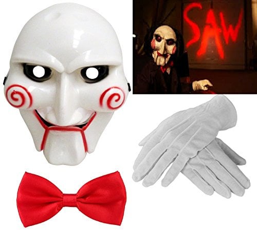 Mega_Jumble Adult Unisex Halloween Billy The Puppet Saw Terror Theme PVC Mask White Gloves & Red Bow Tie Crazy Killer Demon Chainsaw Massacre Cosplay Costume Accessories
