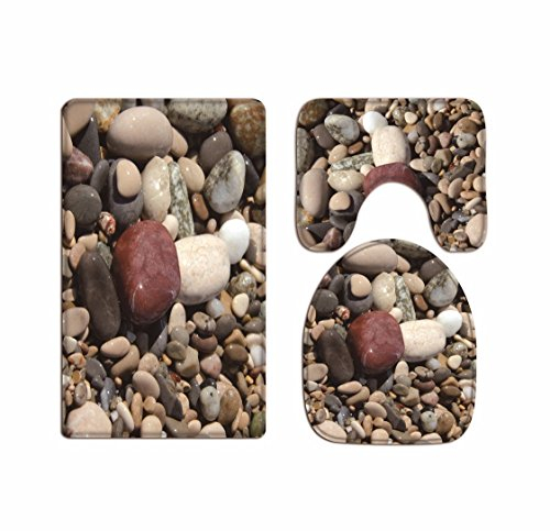 A.Monamour Badezimmer Badematte 3 Teilig Set Meer Kiesel Steine Steine Am Strand Meer Kissen Pads Teppich Für Toilettenzubehör Flanell Saugfähig Badteppiche Badvorleger Badgarnitur WC Vorleger