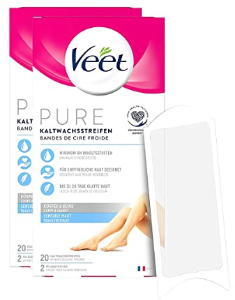 Veet Kaltwachsstreifen mit Easy-Gelwax Technology – Geeignet für sensible Haut – Anwendung für Beine & Körper – Bis zu 4 Wochen glatte Haut – 10 x Doppelstreifen à 20 Anwendungen