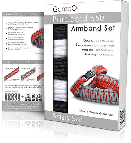 Ganzoo Paracord 550 Armband Set selbst knüpfen, Bastelset, Knüpfset, DIY Bracelet mit Klickverschlüssen und Anleitung, Lanyard, Armband selber Machen aus Parachute Cord, Farbe: Black White