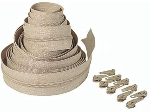 Durchgehender Reißverschluss, Schwarz und Beige, mit Schiebern, Polsterreißverschlüssen zum Nähen, robuste Reißverschlüsse auf Rolle, Nummer 5 (Beige, 5 Meter mit 10 Schiebern)