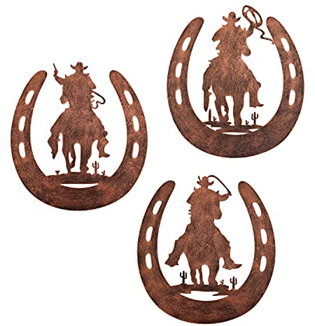 WAIU Hufeisen-Wandkunst-Dekor mit Cowboy, Western-Stil, rustikaler Stil, Pferdeschuhe, Dekoration, hängend für Schlafzimmer, Wohnzimmer, Badezimmer, drinnen und draußen, Bronze