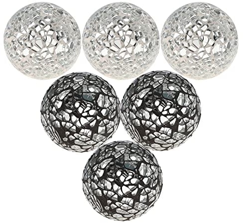Kepfire 6 Pieces Mosaic Glass Solid Sphere 6cm Crackl Orbs Set for Bowls Vases Dining Table Home Decoration - Silver & Black
