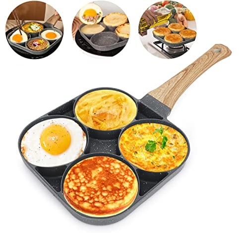 LOMUG Poêle à 4 Emplacements, Poele a Pancakes et Crêpes Poêle à Omelette Antiadhésive en Aluminium pour Petit-déjeuner Oeuf Au Plat Hamburger pour Cuisinière à Gaz Induction