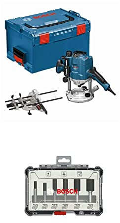 Bosch Professional Oberfräse GOF 1250 CE (Maulschlüssel 19 mm, Parallelanschlag mit Feineinstellung, L-BOXX 238) + 6tlg. Nutfräser Set (für Holz, Zubehör Oberfräsen mit 8 mm Schaft)