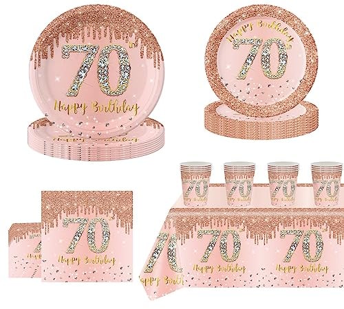69Pcs Rose Gold 70th Birthday Party Tableware 16 Guests,70th Rose Gold Party Tableware Set are Crafted from High-Quality Paper for Men Women Birthday Gifts Party Supplies Reusability Table Decoration