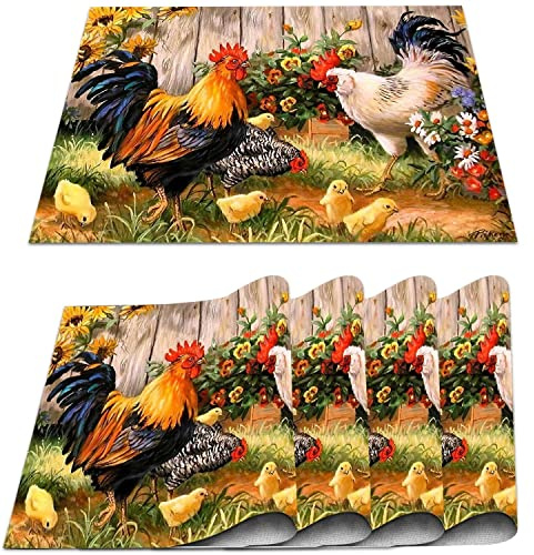 BOKEKANG Hahn Henne und Hühner Tischsets 4er Set PVC Hähne Tischmatten rutschfest Hitzebeständig Huhn Platzsets Waschbar für Zuhause Küche Esstisch