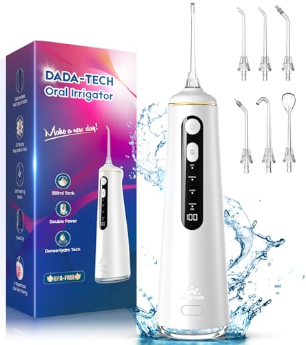 Munddusche Kabellos, Water Flosser for Teeth Mit 4 Modi & 8 Stufen 7 Düsen 300ML Tank Munddusche für Zahnzwischenraumreiniger Zahndusche Mundspülung Elektrisch Oral Irrigator Zähne 2025 (Weiß)
