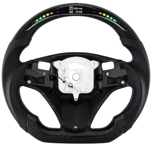 Acclcors Carbonfaser-Lenkrad, Lederlenkrad D-Form Flachboden LED Schaltanzeige Lenkrad für BMW M Sport 1/3 Serie M3/E88 E90 E91 E92 E93 2005-2012