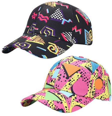 UILYNIU 2 Pieces Funny Disco Baseball Caps Fashion Beach Sun Cap Print Retro 80s Baseball Cap for Women Men, Ladies Outdoor Casual Sports Caps for Hip Hop Party Summer Travel (UK, Alpha, L, 2PCS)