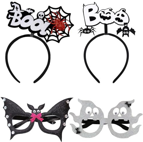 GoldRock Halloween Deko Haarreif Brillen Set, 4 Stk Haarreifen Brille Deko Halloween, Spinnen Kürbis Deko Haarband,Fledermaus Geist Brille Horror Deko, Halloween Kostüm Accessoires für Halloween Party