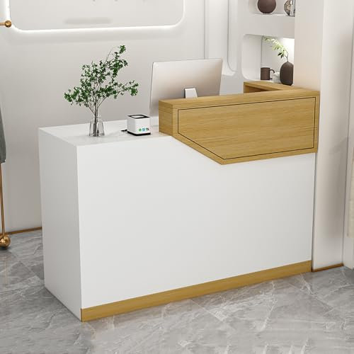 Empfangstheke, Rezeptionstheke, Bürotheke Rezeption Tisch Mit Abschließbaren Schubladen, Tresen Bar Theke, Verkaufstresen, Kassentisch, Für Kosmetikstudio Rezeption(White+Wood-B,140x45100x140cm)