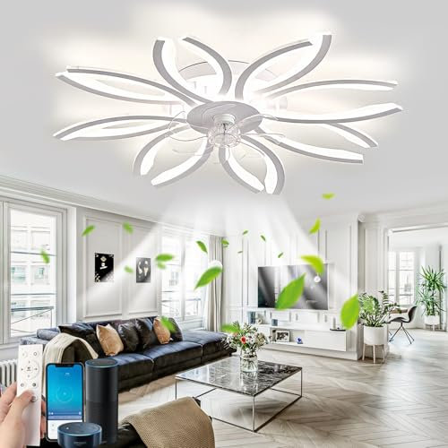 Tuya Alexa Ventilador De Techo Con Luz Y Mando A Distancia, Reversible Silencioso LED Flor Lampara Ventilador Techo, 105cm 6 Velocidad DC Motor Ceiling Fan with Light Para Dormitorio Salón Habitación