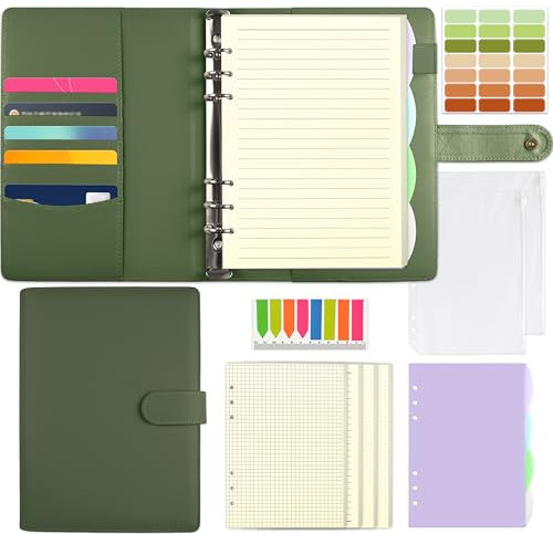 Qefuna Nachfüllbarer A5 Ringordner, Notizbuch mit 180 Blatt Papier, Taschen und Trennblätter, für Männer und Frauen, Grün