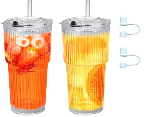 DYUEE 2PCS 600ML Ribbed Glass Tumblers with Lids and Glass Straws, Vintage Ribbed Clear Glass Cups with Straw Cap Leakproof Cups, Coffee, Iced Cup, Glass Tumbler for Iced, Cockta