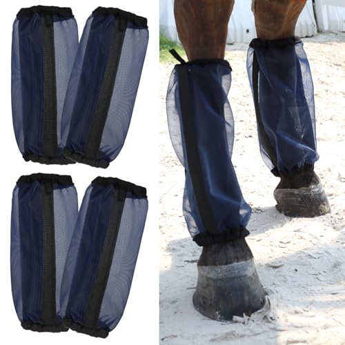 Wizbrio All-Purpose Fine Mesh Horse Fly Boots Breathable Anti-Fly Leggings with Sturdy Support Strips Reduce Annoying Stomping & 360°Leg Protection Durable Easy-Clean Material 4-Pack Dark Blue
