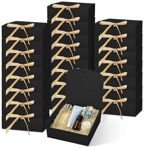 30 Pack Black Small Gift Boxes with Lids, Cardboard Present Boxes Bulk | 16 x 16 x 5 cm Kraft Paper Gift Box with Ribbons for Jewellery Wedding Hen Party Birthdays Packaging Present