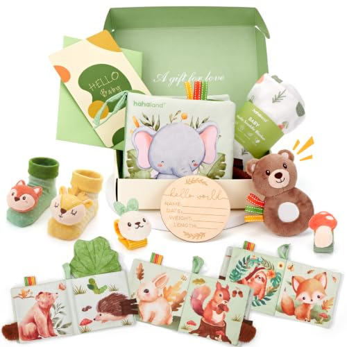 hahaland 9-teiliges Baby Geschenk, Babygeschenke zur Geburt Mädchen Junge | Neugeborenen Geschenk mit Swaddle-Wickeltuch, Baby Buch, Rasselsocken, Meilensteinkarten, Babyparty, Baby Shower
