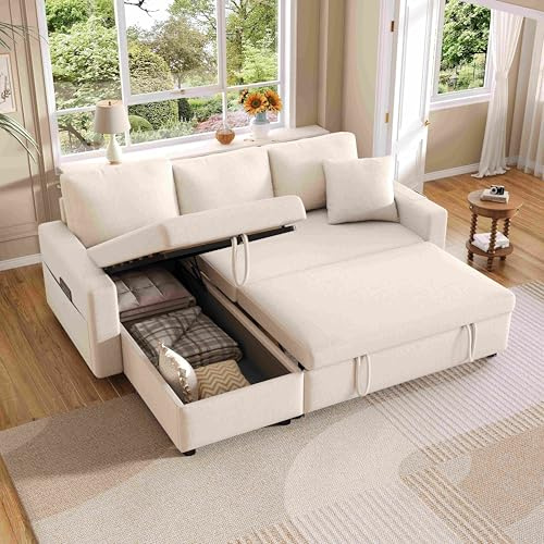 Lahoomu Schlafsofa mit Schlaffunktion, L-förmiges, Sofa-Chaiselongue mit Stauraum, mit Taschenaufbewahrung, Links und Rechts Austauschbare Chaiselongue, Beige.