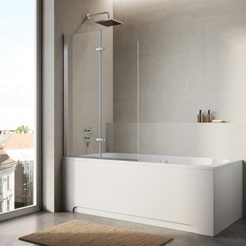SONNI Duschwand für Badewanne, 1013-100x130 cm, 6 mm Nano, 2-teilig faltbar | Nano-Beschichtung für leichte Reinigung, Hebe-Senk-System, rahmenloses Design, platzsparend zusammenklappbar