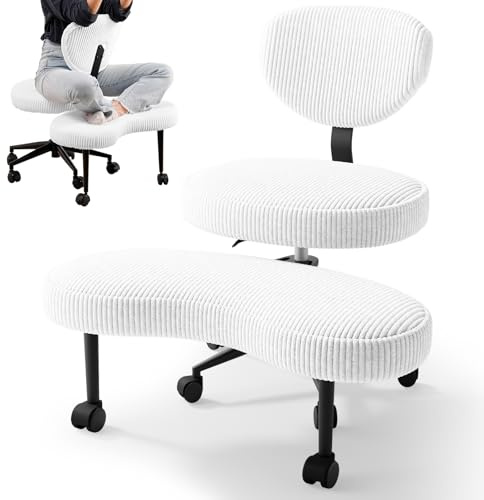 HOMRELEXA Bürostuhl mit Kreuzbeinen, 360° drehbar, Ergonomischer Kniestuhl | Criss Cross Schreibtischstuhl mit Verstellbarer Höhe, ADHS-Meditationsstuhl mit Rückenstütze, Cordstoff, Weiß