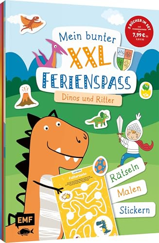 Mein bunter XXL-Ferienspaß: Dinos und Ritter – 3 Kreativbücher im Bundle: Rätseln, Malen, Stickern – für zu Hause und unterwegs