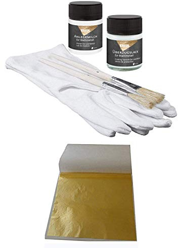 Starterset 100 Blatt Blattgold Imitation Blattmetall Schlagmetall 13,5cm x 13,5cm zum Vergolden & Basteln + 1 x Kreul Anlegemilch 50ml + 1 x Überzugslack 50ml + 1 Paar Vergolderhandschuhe + 2 Pinsel