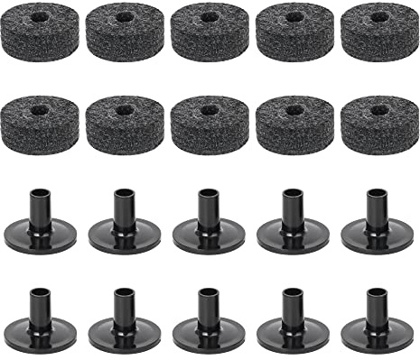 Yibuy Black Drum Set Replacement Parts 15mm Thick Felt Washers + Plastic Long Flanged Cymbal Sleeves Pack of 10