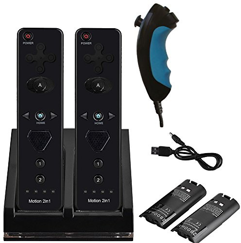 2x Build in Motion Plus GN-010A Wireless Remote Controller & 2x Nunchuk Controller & 1x Charging Dock Controller Includes 2 Pcs of 2800mAh Battery Pack for Nintendo Wii & Wii U (Design-A Black/White)