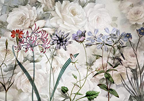 wandmotiv24 Fototapete Blumen Vintage Gemälde, XL 350 x 245 cm - 7 Teile, Wanddeko, Wandbild, Wandtapete, Aquarelle, Design, Blüten M1292