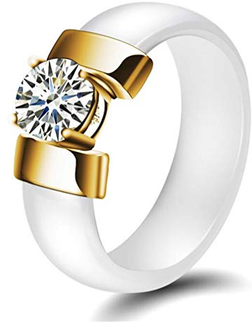 PAURO Damen Schmuck Hoch Poliert Mit Zirkon Engagement Hochzeit Band Ringe Keramik Weiß Gold Größe 57 (18.1)