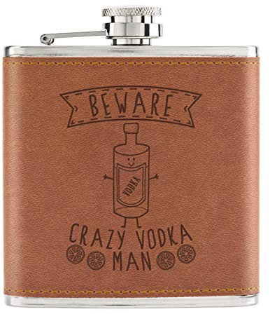 Beware Crazy Vodka Man - Petaca (piel sintética, 177 ml), color marrón
