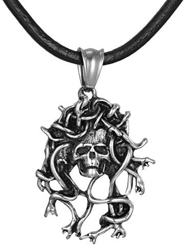 DonDon Herren Leder Halskette 50 cm Schlangen-Totenkopf Anhänger Edelstahl im Schmuckbeutel