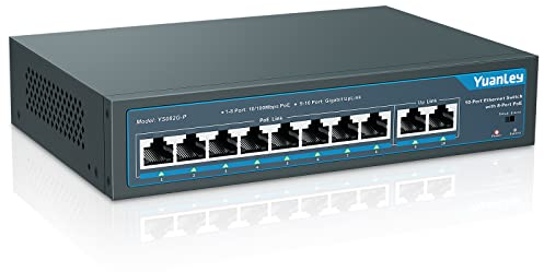 YuanLey 10 Port Poe Switch, 8 Poe+ Port 100Mbps, 2 Uplink Gigabit, 120W 802.3af/at, Funzione Estesa, Plug & Play Non Gestito Senza Ventola in Metallo