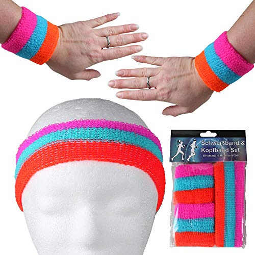 Alsino Stirnband Schweißband Set Damen Herren Sport Elastisch Schweissband Fitness Gestreift Stirn Retro Frottee 80er Jahre Schweißbänder Fasching Karneval (pink - blau- rot)