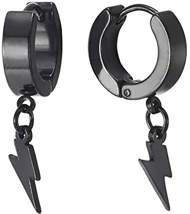 Paar Schwarz Baumelnde Blitz Creolen für Herren Damen, Edelstahl Huggie Ohr Manschette Ohrringe