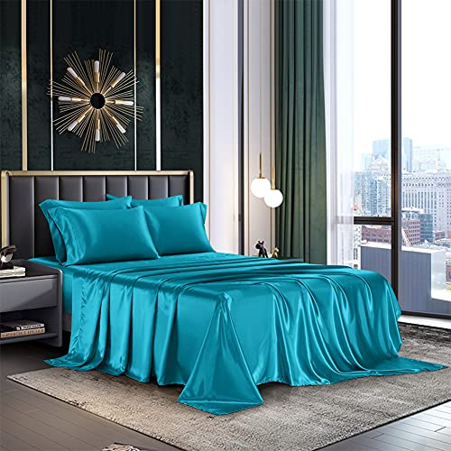 AiMay 6-teiliges Satin-Bettwäsche-Set, King-Size-Bett, blaugrün, Tiefe Tasche, 1800er-Serie, luxuriös, Reichhaltige Seide, seidig, superweich, einfarbig, knitterfrei (King-Size, Blaugrün)