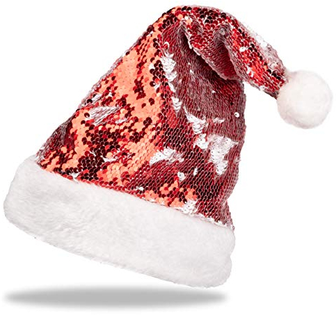 Weihnachtsmütze Nikolausmütze X-Mas Mütze Santa Weihnachten Nikolaus rot für Erwachsene Einheitsgröße Weihnachtsfeier Weihnachtsmarkt (Pailletten)