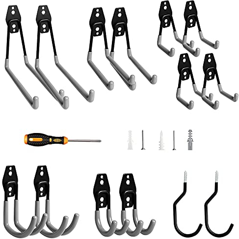 LAVAVIDA Haken,14 Stück Garage Storage Doppelhaken Wandhaken Gerätehaken Multi Größe Heavy Duty Eisen Werkzeughalter Fahrrad Wandhalterung für Home Chair Ladder, Organisation, Elektrowerkzeugen