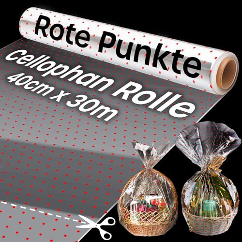 Zellophan-Rolle für Geschenkkörbe, Zellophan-Papier-Rolle zum Einwickeln von Weihnachtsgeschenkkörben und Geschenken in transparentes Geschenkpapier (Rot gepunktetes Zellophan 40cm x 30m)