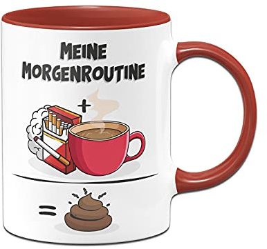 Tassenbrennerei Original - Tasse mit Spruch: Meine Morgenroutine - Kaffeetasse lustig Geschenk für Männer (Rot)